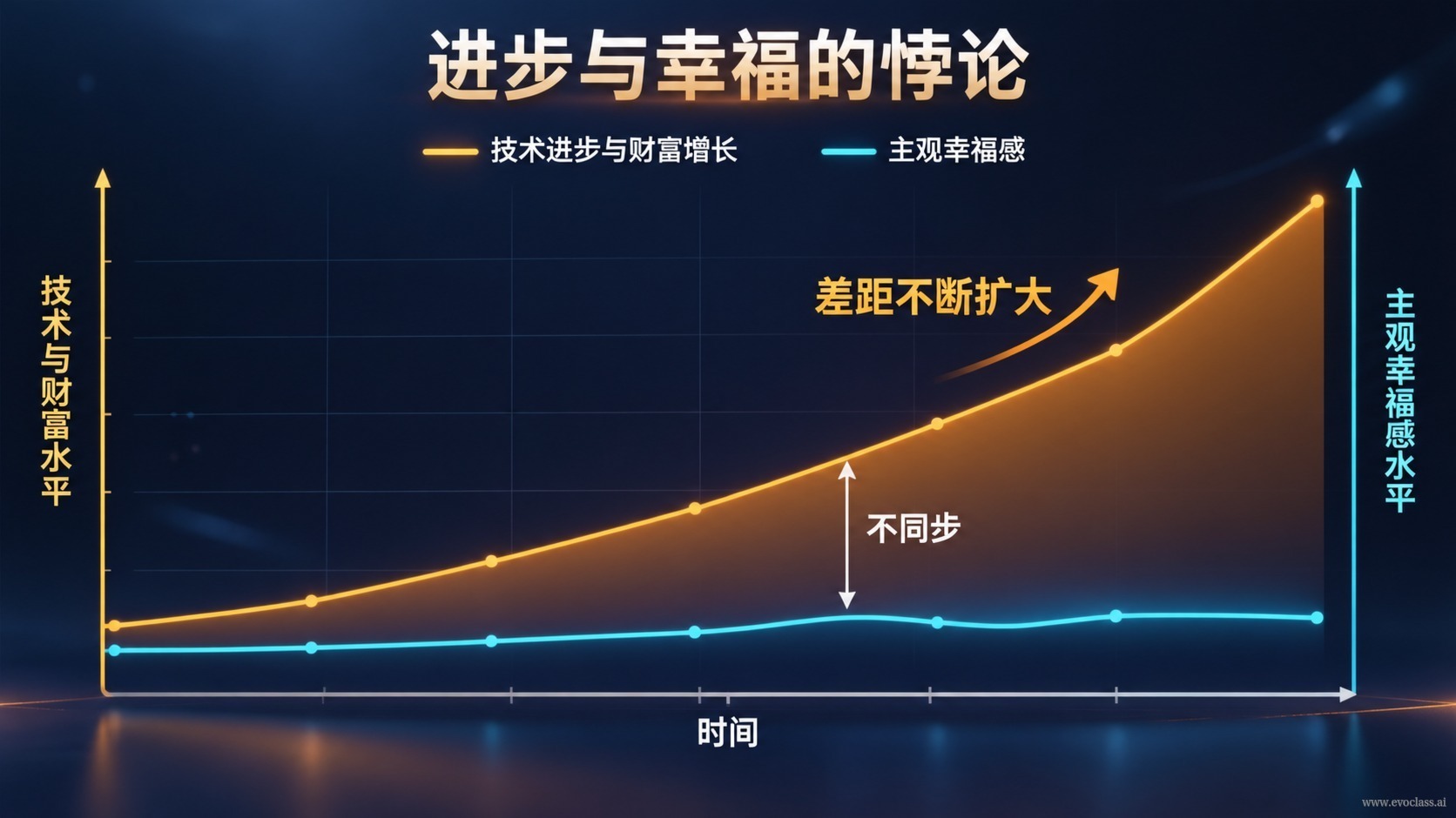 双轴折线图,一条线表示技术与财富增长,另一条表示主观幸福感变化
